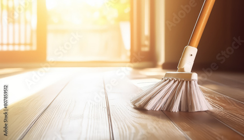 Close-up of a broom on a wooden floor photo