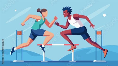 Despite the fierce competition there is a sense of camaraderie a the elite hurdlers as they push each other to be their best.. Vector illustration