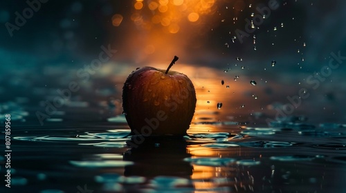 Glowing Apple amidst Raindrops at Twilight