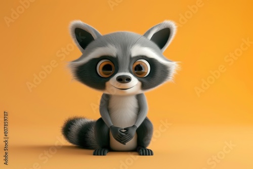 A cartoon raccoon is sitting on a yellow background