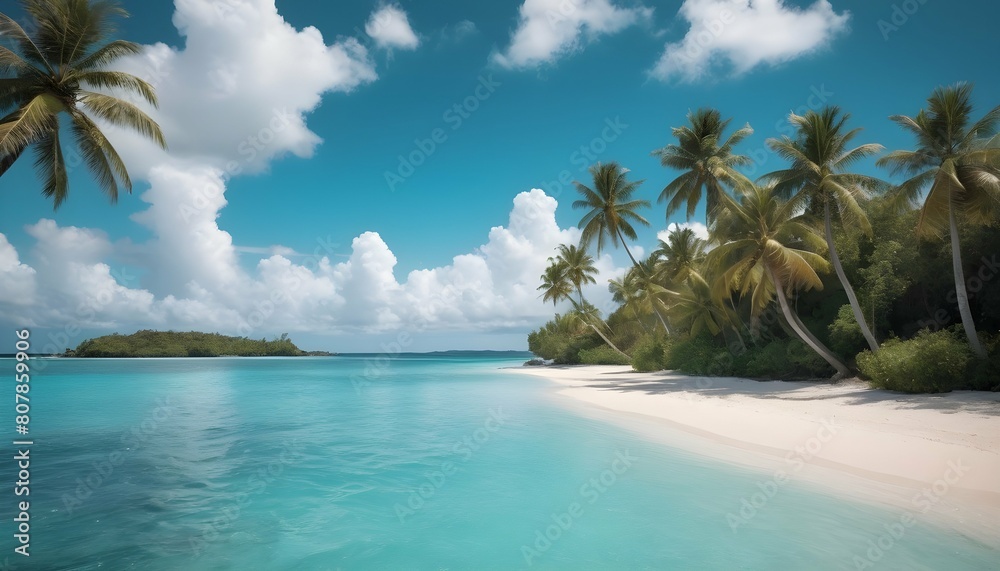 A tropical island paradise with palm trees swaying upscaled 3