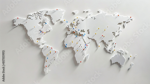Fototapeta Naklejka Na Ścianę i Meble -  A white world map with pins on it.
