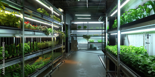 Urban Farming Technology Innovation Lab Floor  Featuring vertical farming prototypes  hydroponic systems  agricultural drone development areas  and researchers