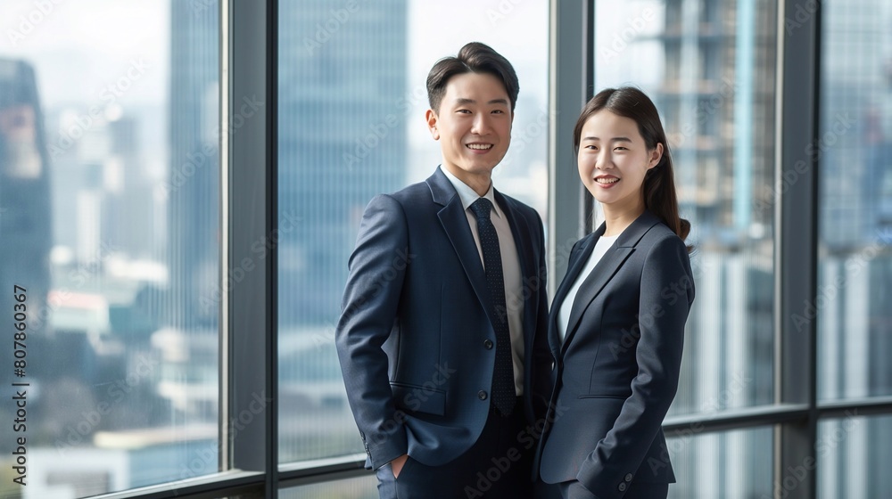 A smiling korean male and female office worker in their thirties wearing suits standing side by side facing the camera, with modern high-rise buildings outside the windows. generative AI A smiling korean male and female office worker in their thirties wearing suits standing side by side facing the camera, with modern high-rise buildings outside the windows. generative AI