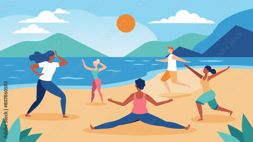 The tranquil atmosphere of the beach is enhanced by the meditative practice of Tai Chi as individuals move in unison connecting mind body and soul.. Vector illustration