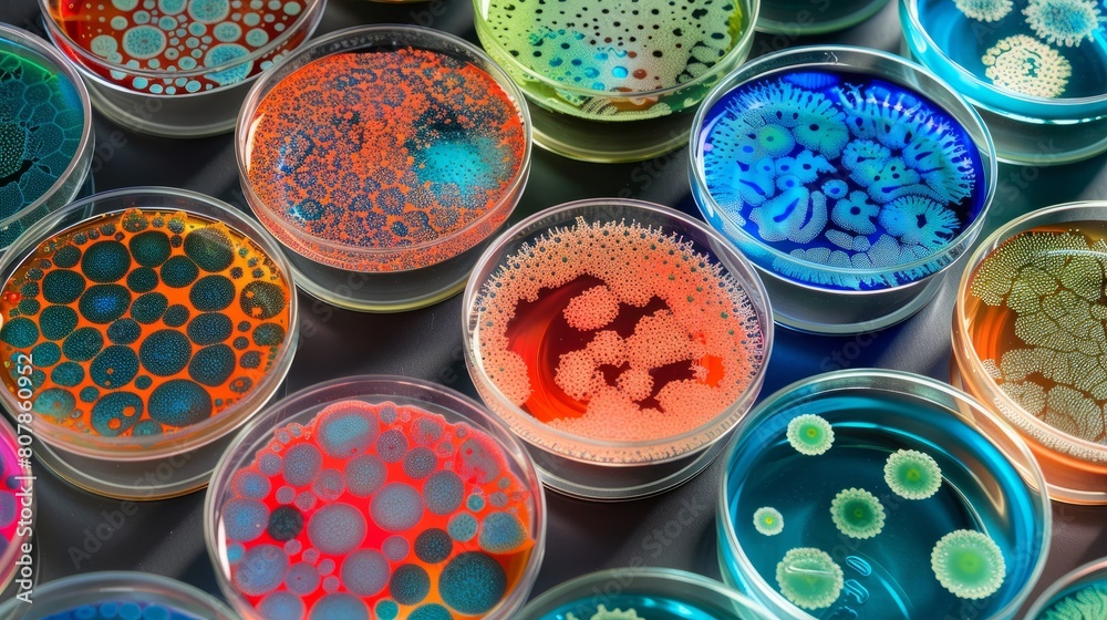 Array of colorful petri dish cultures displaying various growth patterns, highlighting the beauty and complexity of microbiological research. Array of colorful petri dish cultures displaying various growth patterns, highlighting the beauty and complexity of microbiological research.