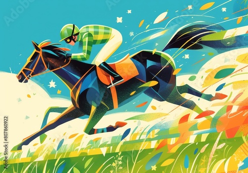 A flat illustration of horse racing  with the rider wearing green and white gear on top of his steed as it races across an abstract landscape