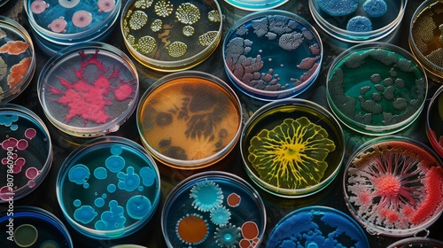 Vivid collection of microbial patterns in petri dishes, displaying a mesmerizing array of shapes and colors, ideal for scientific and artistic purposes.