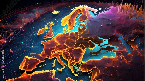 A mesmerizing portrayal of Western Europe as a landscape of data spires and interconnected pathways, illustrating the concept of a European global network. Vibrant colors dance across the map, represe