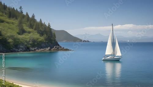 A tranquil bay with a lone sailboat anchored in th