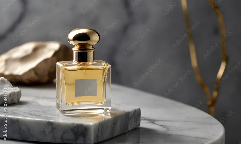 A bottle of perfume that is on a marble table A bottle of perfume that is on a marble table