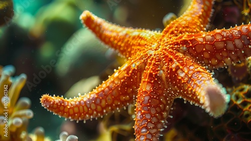Close-up of a vibrant orange starfish on a coral reef  highlighting the intricate textures and patterns of both the starfish and the coral.