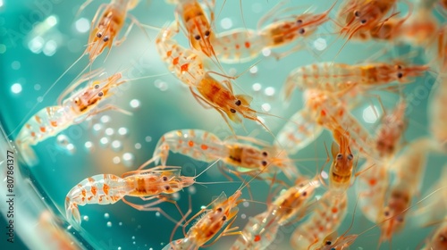 Close-up of shrimp larvae in a petri dish  vibrant orange dots against a soft blue background  marine biology research.