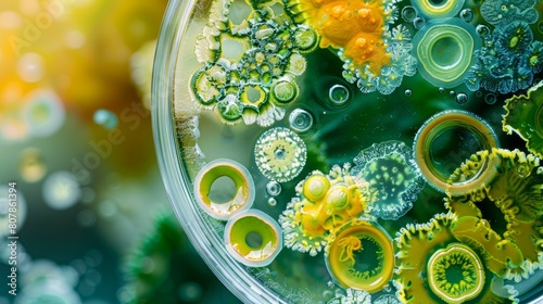 Abstract view of colorful microbial colonies in a petri dish, exhibiting vibrant green and yellow patterns with circular growths and textures.