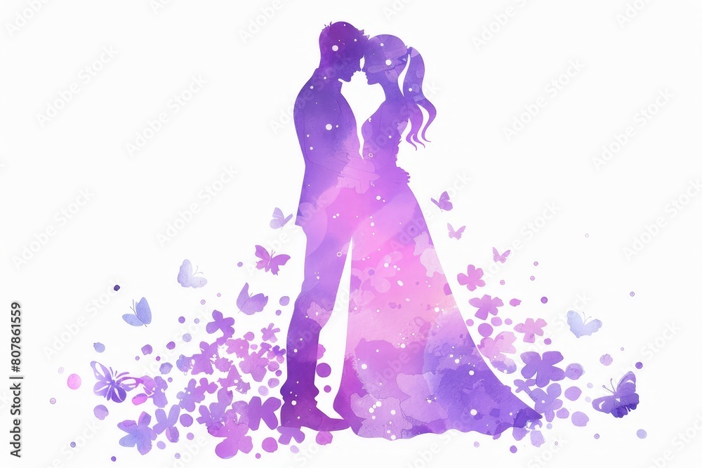 A silhouette of a bride and groom surrounded by fluttering butterflies against a sunset backdrop A silhouette of a bride and groom surrounded by fluttering butterflies against a sunset backdrop