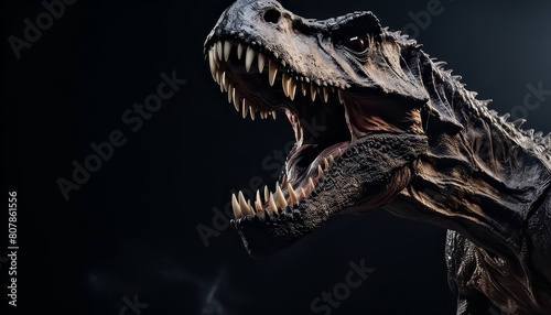 Head dinosaur grinning furious on black background