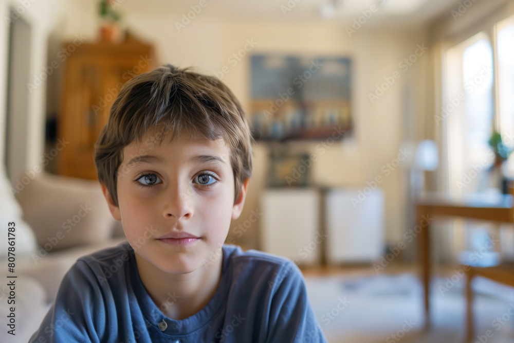 Young Pre-teen Boy Gazing at Camera in Home Setting with Blurred Background Young Pre-teen Boy Gazing at Camera in Home Setting with Blurred Background