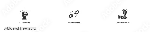 SWOT banner web icon vector illustration concept for strengths, weaknesses, threats, and opportunities analysis with an icon of value, goal, break chain, low battery, growth, check, minus, and crisis photo