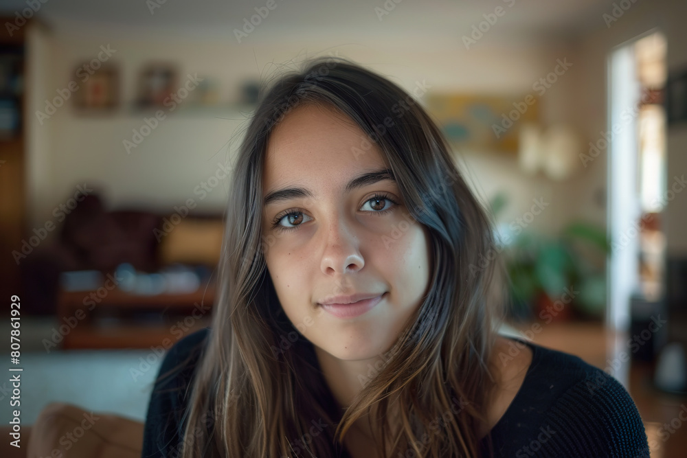Adolescent Girl Posing for Camera at Home with Soft Focus Background