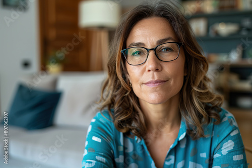 Close-up of Middle-aged Woman with Spectacles Staring into Camera at Home with Blurred Backdrop