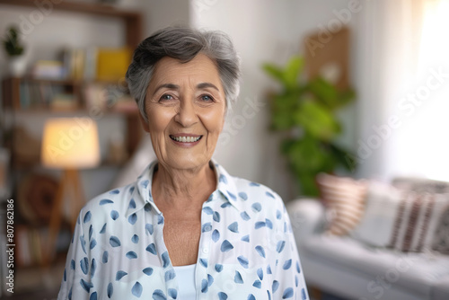 Senior Southern European Woman Posing for Camera at Home with Soft Focus Background