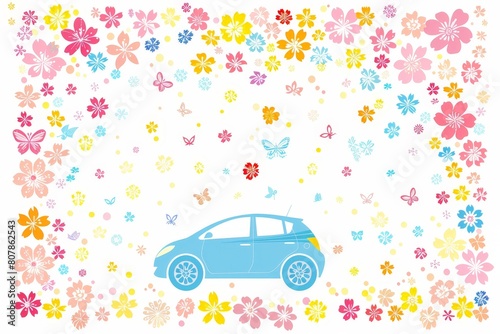 A blue car is parked amidst a vibrant display of colorful flowers and fluttering butterflies in a sunny outdoor setting