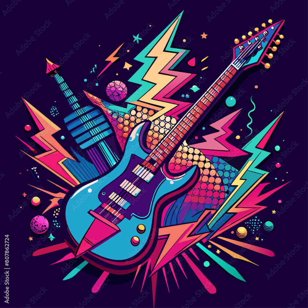 Obraz premium Electric guitar and rock music themes with neon colors for concert posters or music festival promotion