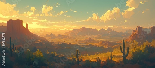 A panoramic view of the Arizona desert at sunset  with cacti and mountains in the background. The sky is painted with hues of orange and pink  creating an ethereal atmosphere.