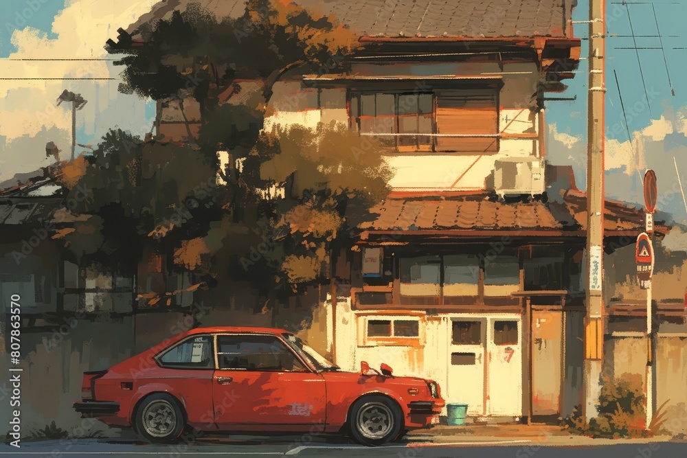 A small house with an old school Japanese style, parked on the side of the road is a dark red car from the eighties