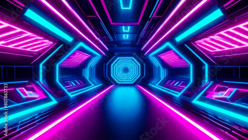 Immersive sci-fi experience with vivid pink and blue neon lights in abstract spaceship tunnel. Futuristic motion graphics concept.