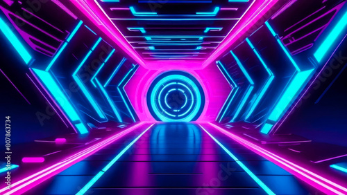 Enchanting abstract spaceship tunnel with pulsating pink and blue neon glowing lights. Futuristic motion graphics backdrop.