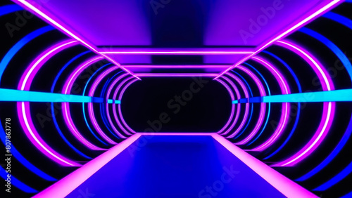 Dynamic motion graphics background featuring futuristic sci-fi tunnel with purple and blue neon lights.