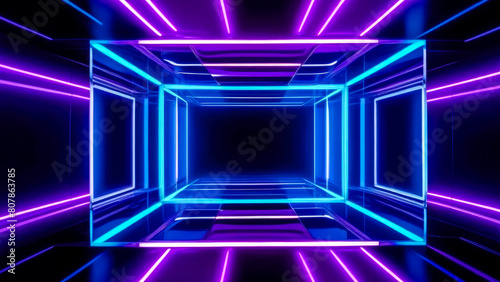 Abstract background by pink and blue neon glowing lights in sci-fi tunnel. Futuristic graphics and synthwave concept.