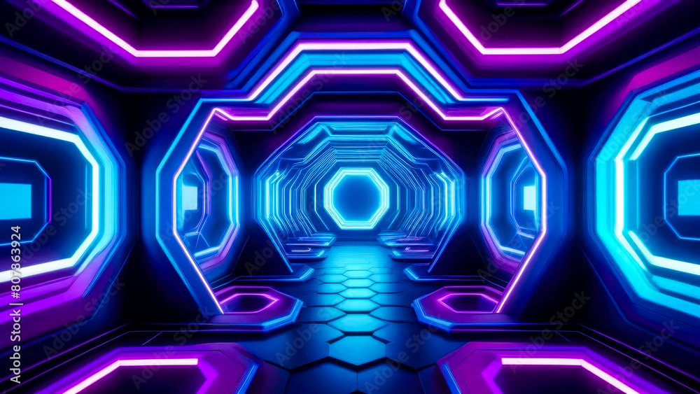 Enchanting abstract futuristic spaceship tunnel with pulsating purple and blue neon glowing lights. Futuristic motion graphics backdrop. Enchanting abstract futuristic spaceship tunnel with pulsating purple and blue neon glowing lights. Futuristic motion graphics backdrop.