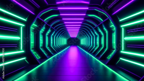 Stunning visual of futuristic portal tunnel adorned with glowing purple and green neon lights. Cyberpunk motion graphics backdrop.