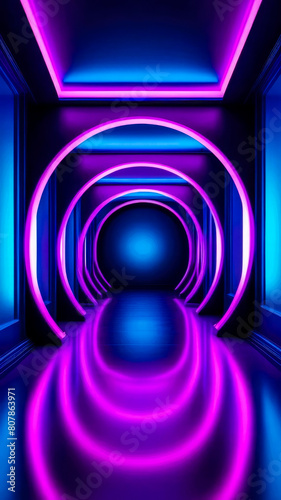 Otherworldly atmosphere created by purple and blue neon lights in sci-fi tunnel. Futuristic motion graphics concept.