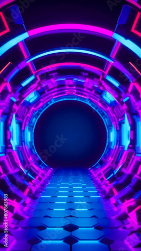Hypnotic purple and blue neon lights in abstract sci-fi portal tunnel. Futuristic motion graphics vertical background concept.