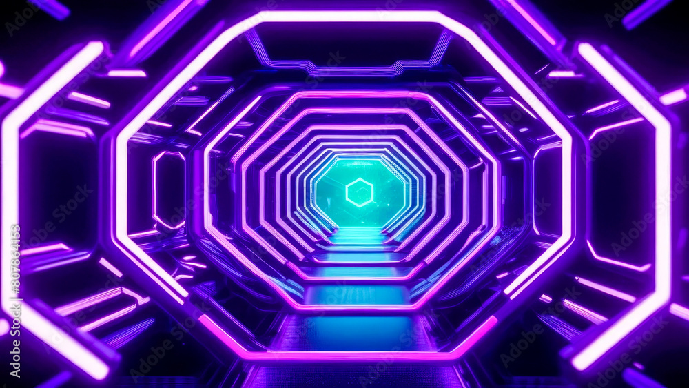 Abstract tunnel in spaceship style with pulsating violet neon lights. Cyberpunk motion graphics backdrop. Abstract tunnel in spaceship style with pulsating violet neon lights. Cyberpunk motion graphics backdrop.