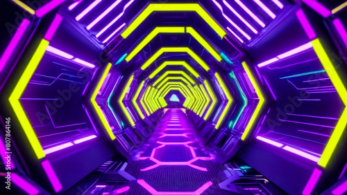 Evocative atmosphere with swirling violet and yellow neon glowing lights in abstract futuristic tunnel. Cyberpunk style.