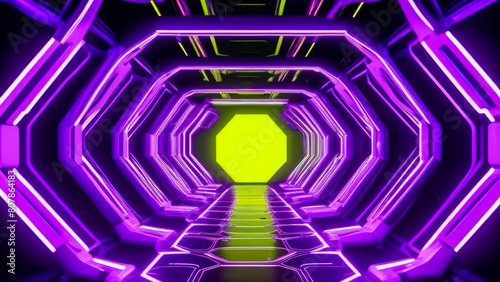 Captivating futuristic spaceship style tunnel with dynamic glowing violet and yellow neon lights. Cyberpunk motion graphics backdrop.