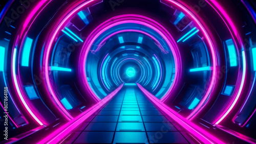 Dynamic abstract sci-fi futuristic portal tunnel with pink and blue neon lights. Futuristic motion graphics backdrop.