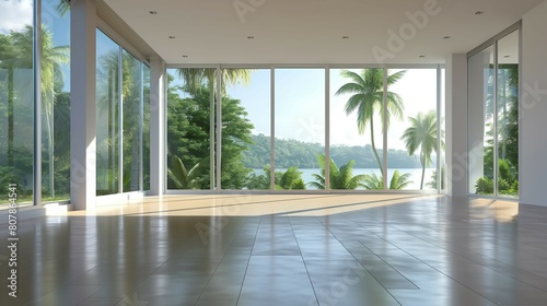 Tropical plants visible through full-length glass windows  open stylish and luxurious living room home interior