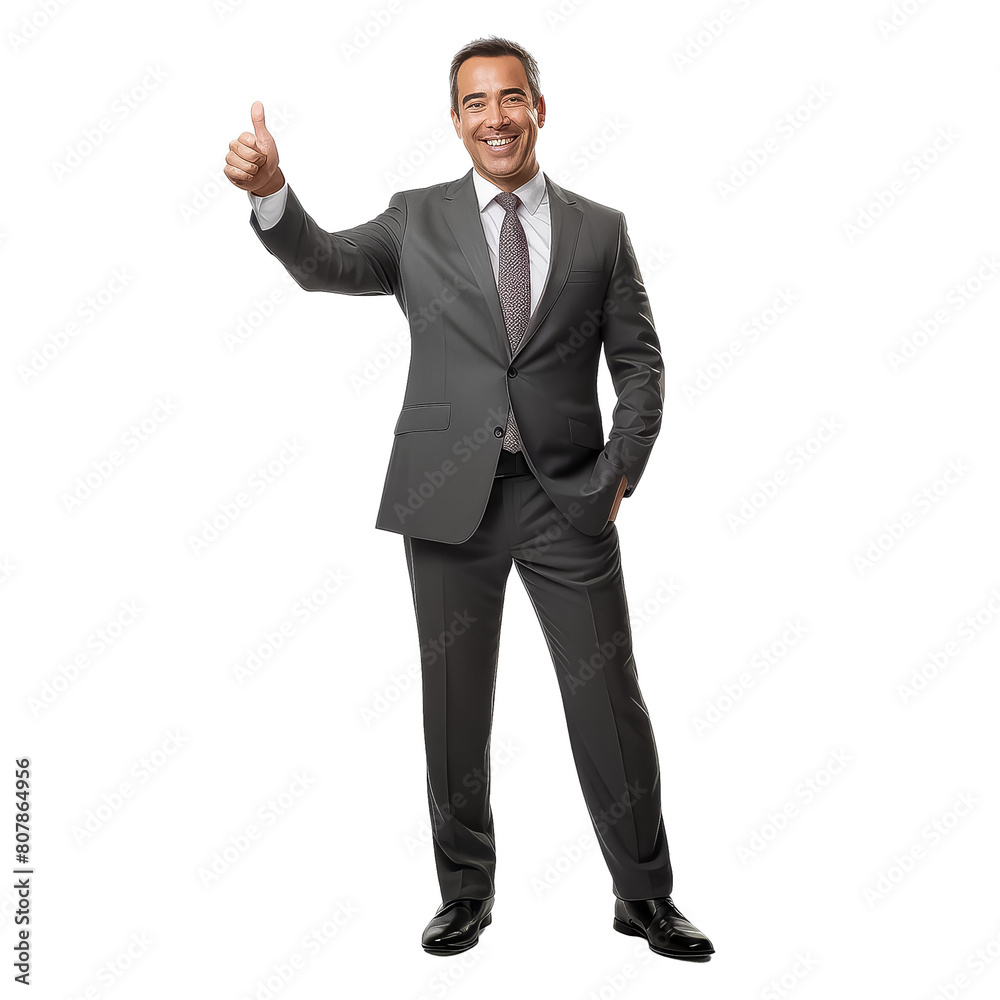 A man in a suit is posing for a photo with his hands raised in the air