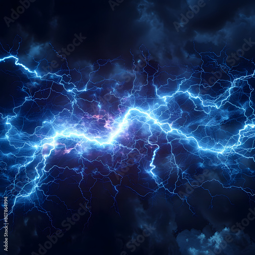 Electric blue lightning bolt cuts through the dark purple cloudy sky