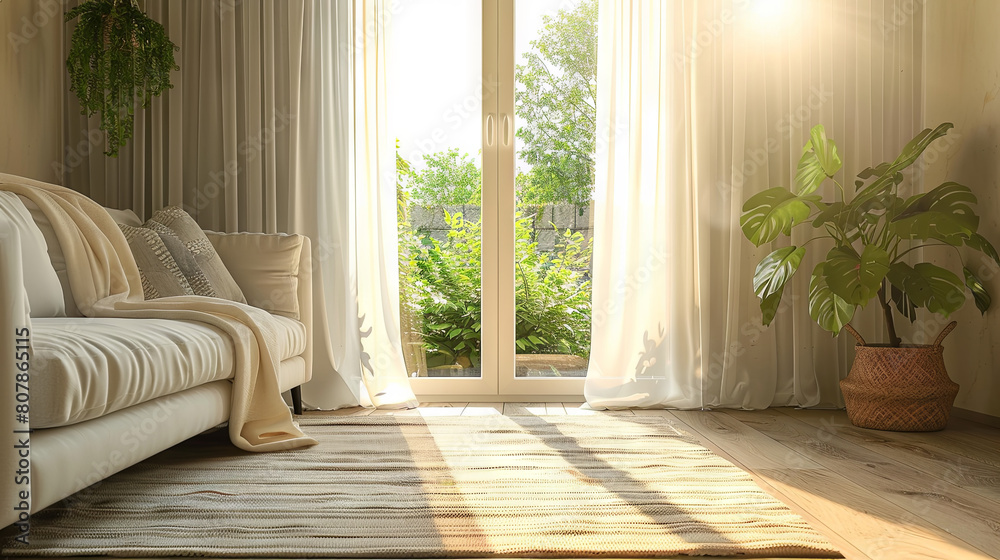 Fototapeta premium Curtain interior decoration in living room with big windows