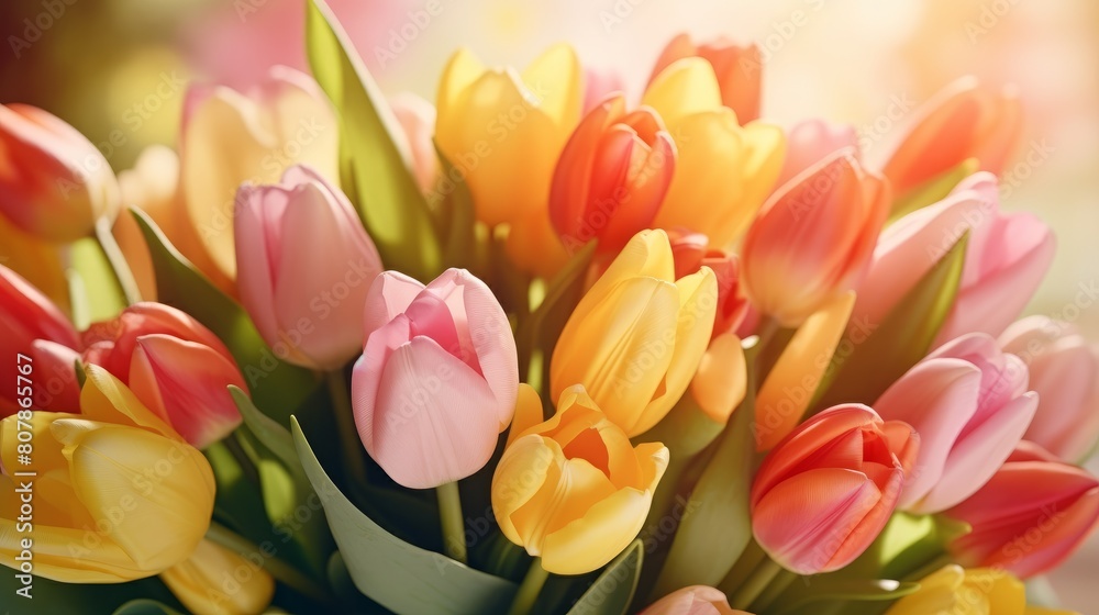 Happy Mother's Day or other spring, celebration holiday greeting card - Closeup of bunch of flowers, bouquet of colorful tulips