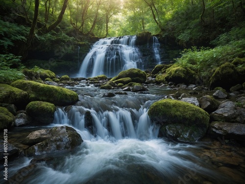 Waterfall cascades over moss-covered rocks into stream, creating serene scene in tranquil forest. Sunlight filters through canopy, highlighting misty water, vibrant foliage.