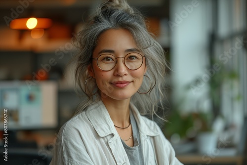 A happy portrait of a young Asian woman exuding confidence and style in an office setting.