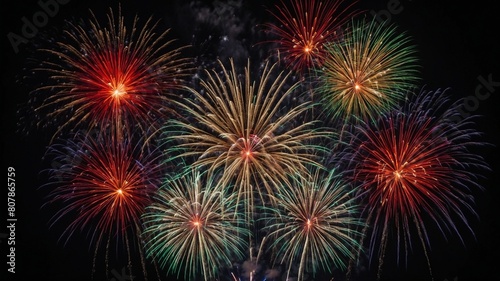 Vibrant display of fireworks illuminates night sky, bursting in variety of colors with trails of light fading into darkness. Fireworks at various stages of explosion, creating dynamic.
