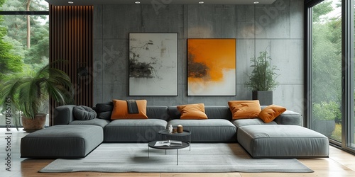 In a modern apartment, a stylish sofa stands against a contemporary grey wall, creating a bright and comfortable living space.